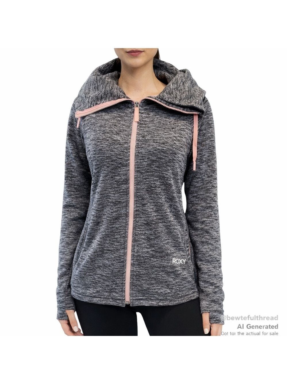 Cozy Athleisure ROXY Hoodie Grey Pink Trim Thumbhole Zip